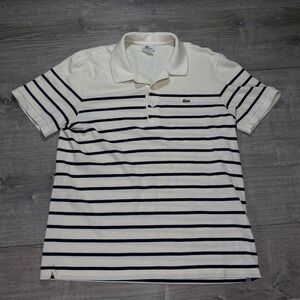 Lacoste Polo Shirt Mens Large White Navy Striped Short Sleeve Collar Casual